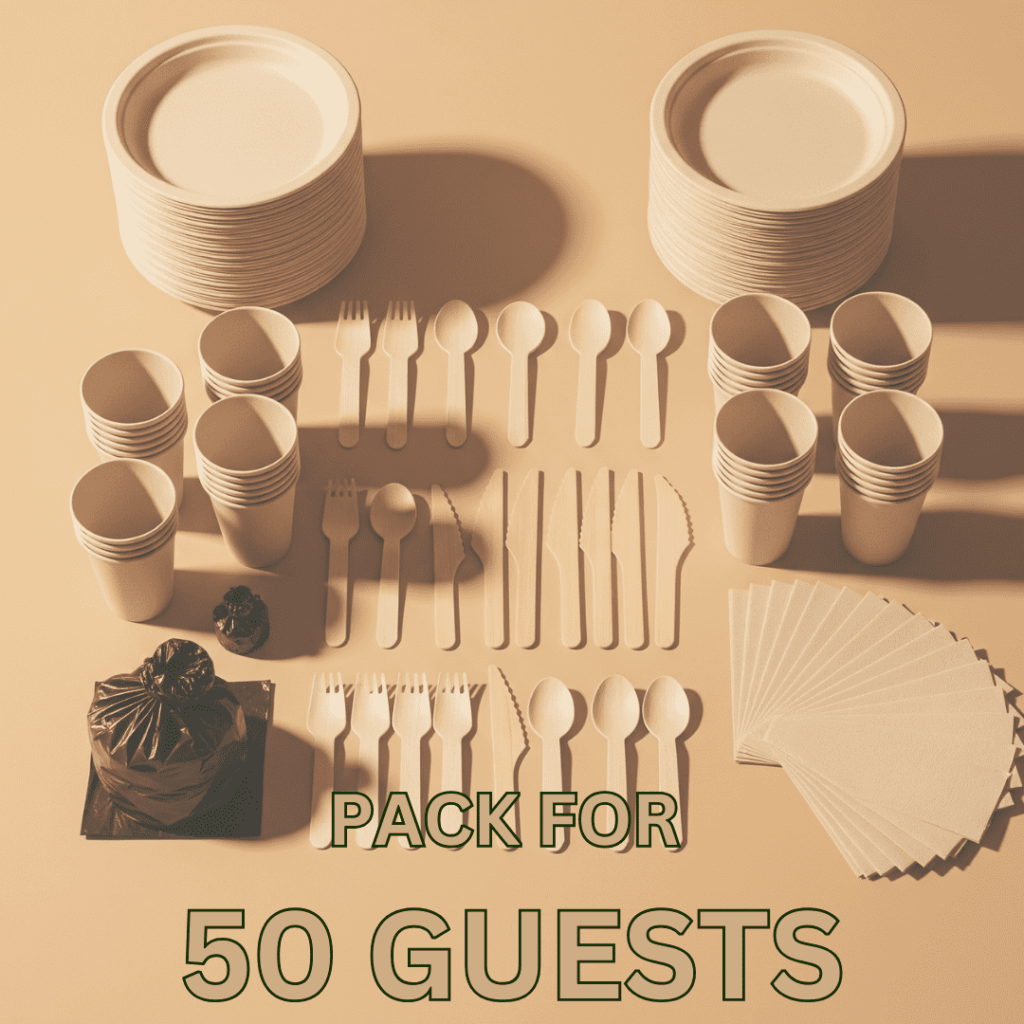 Eco-friendly party pack for 50 guests. Includes compostable plates, cups, wooden cutlery, napkins & rubbish bags—sustainable, stress-free entertaining.