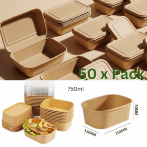 Eco-friendly takeaway food containers – 50 pack bulk, biodegradable storage.